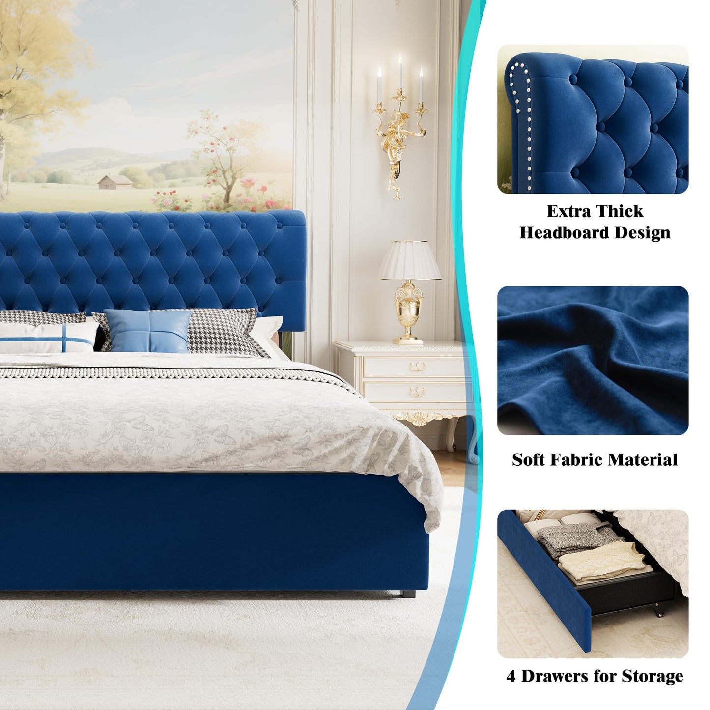 LegacyAmerhome Queen Bed Frame with Headboard, Upholstered Platform Bed Frame Queen Size 4 Drawers Storage, Metal Bed Adjustable Tufted Headboard, No Box Spring Needed, Wood Slat Support, Velvet Blue