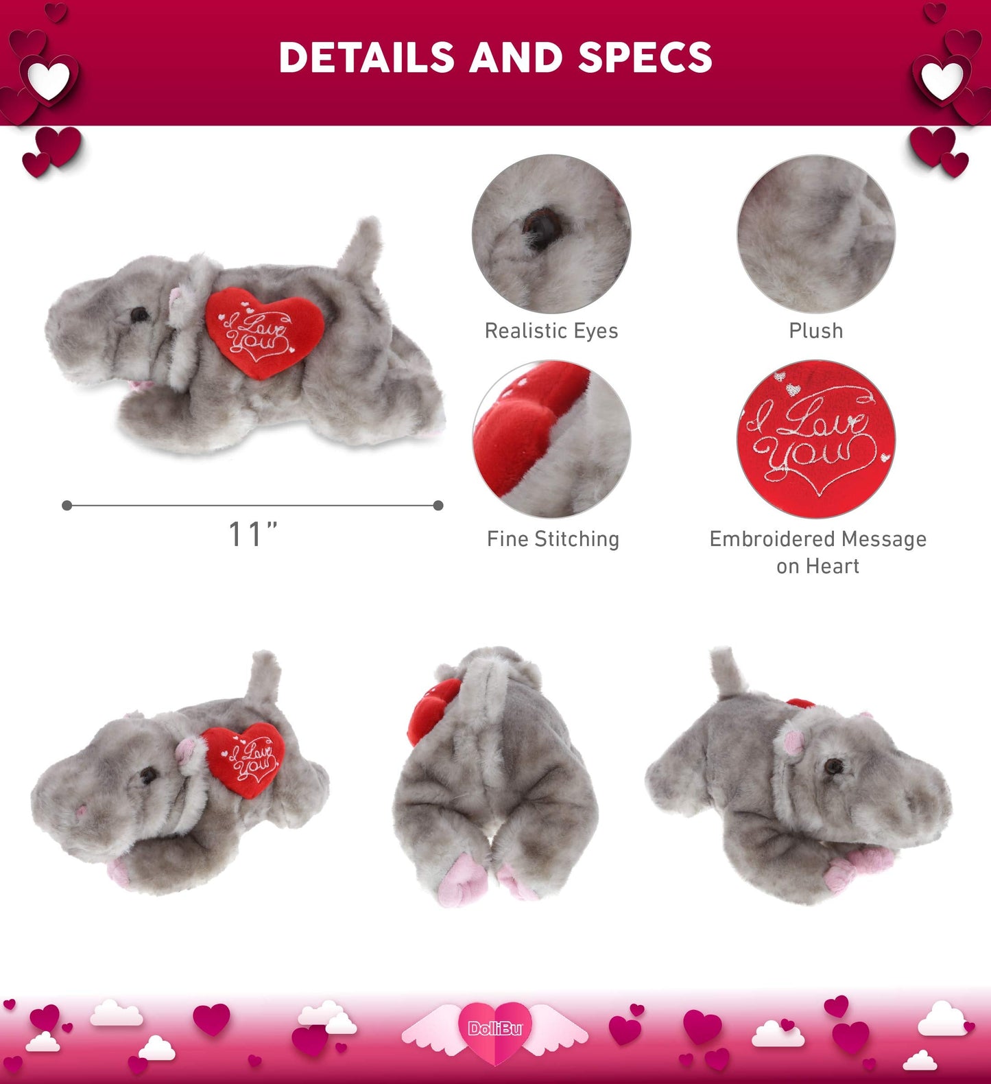DolliBu I Love You Valentine Plush Hippo - Cute Stuffed Animal with Red Heart and Name Personalization Gift for Valentines Day, Birthday, Anniversary, Romantic Date - 11 Inches