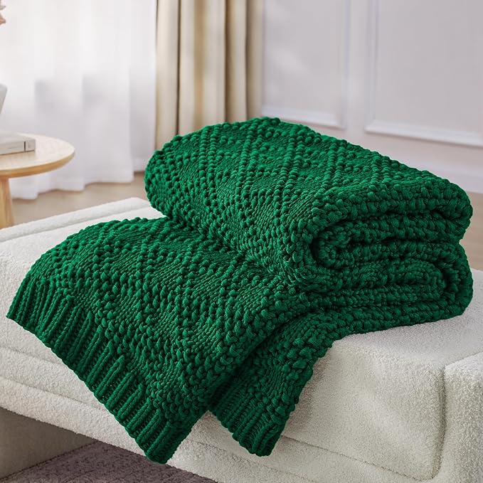 Knitted Weighted Blanket for Adult, Chunky Knit Weighted Throw for Sleep 60"*80" 10lbs, Cooling Breathable Machine Washable Heavy Blanket for Room Decor (Green, Queen)