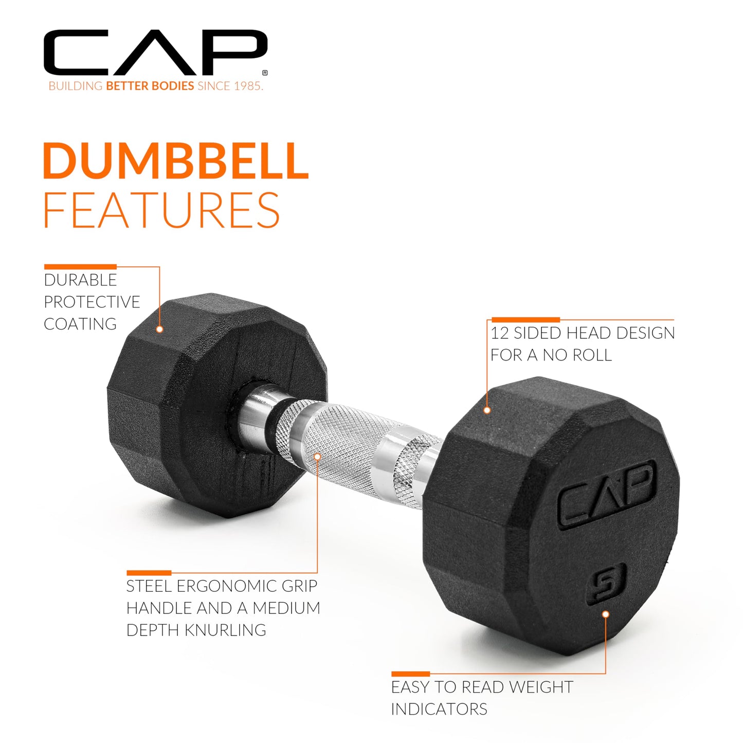 CAP Barbell unisex adult 12-Sided Series 12 Sided Coated Dumbbell, Black, 5-Pound US