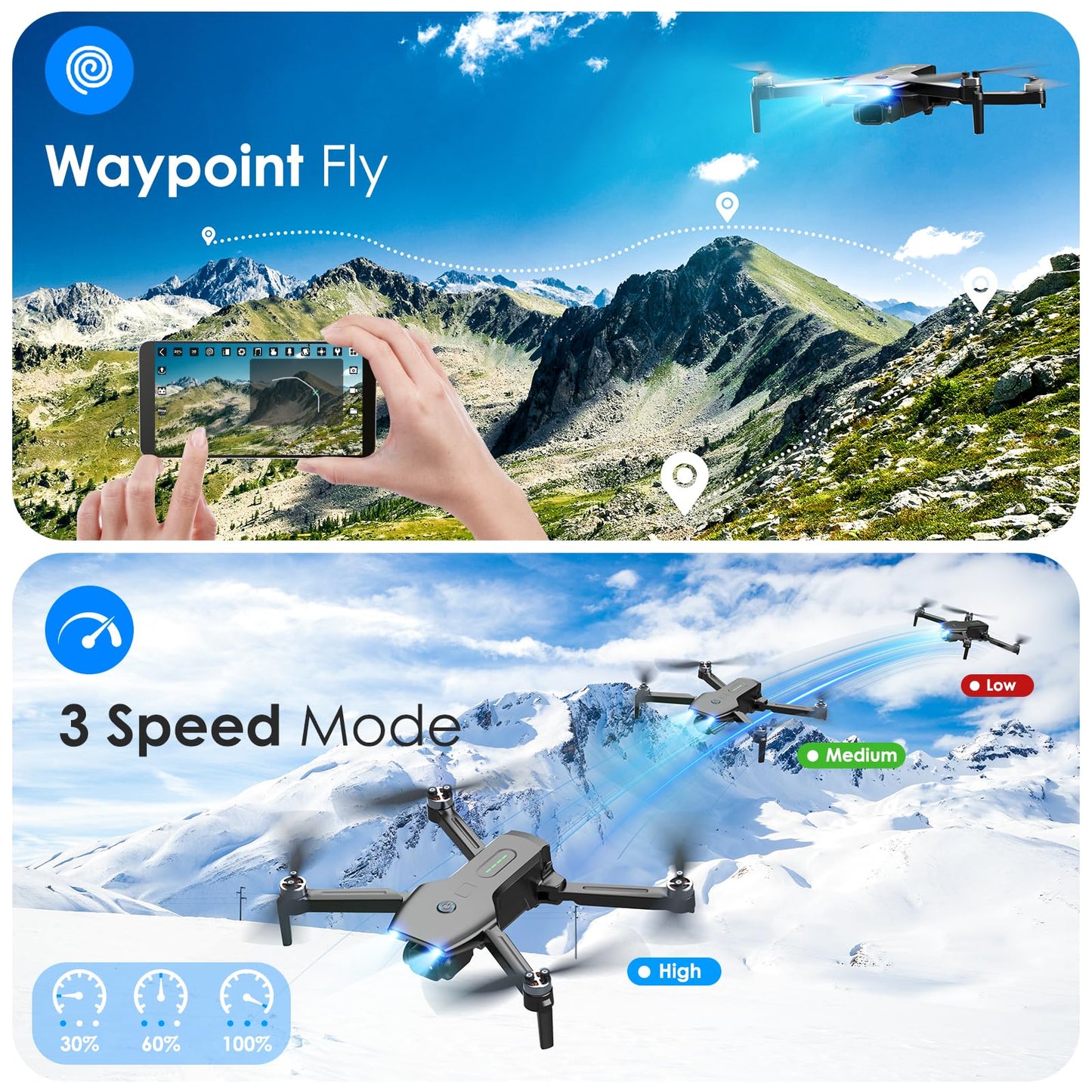 Drone with Camera, Brushless Motor 1080P FPV Drone with 2 Batteries, One Key Take Off/Land, 360 Flips, Waypoint Fly, Altitude Hold, Gravity Control, Foldable Mini Drones for Kids Adults, Beginner
