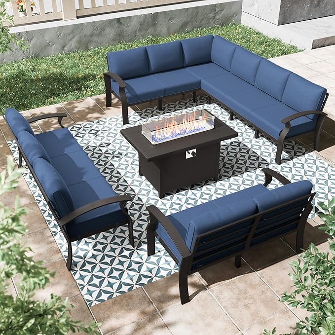 RTDTD Aluminum Outdoor Patio Furniture Set,11 Seats Patio Conversation Sets with 45" Propane Fire Pit Table,Metal Patio Sectional Furniture Set with 5.1" Thickened Cushions,Navy Blue