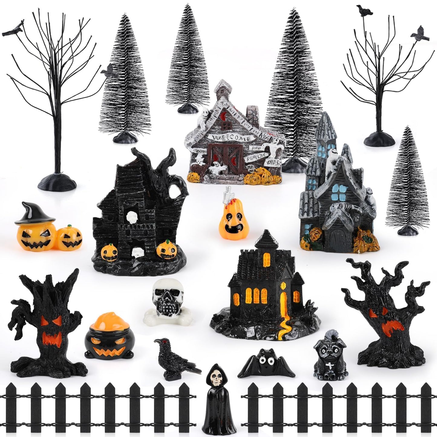 YLOLUL 30 Pcs Halloween Village Ornaments Accessories Figurines Town Miniatures Include Trees Pumpkins Black Dog Crows Skeletons Houses Wizard Bat for Halloween Village & Party Table Decorations