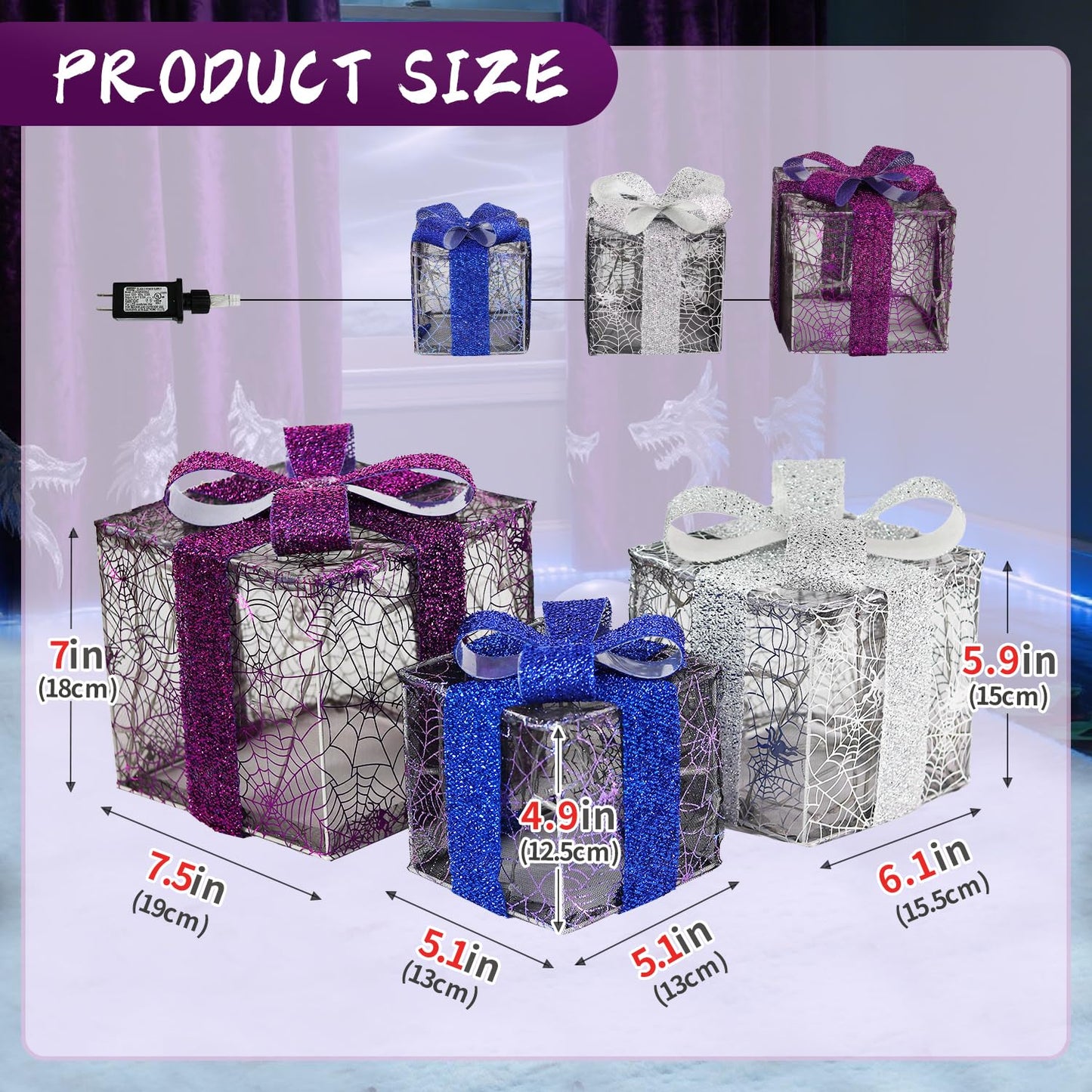 Set of 3 Halloween Lighted Gift Boxes Decorations - 60 LEDs Spider Web Halloween Present Boxes with Creepy Crawler, Warm White Light Home Party Favors for Haunted House