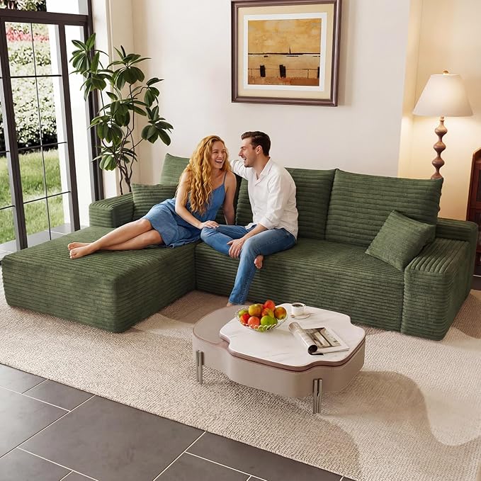 95" Cloud Sectional Couch with L-Shape Chaise, Modern Corduroy Boneless Couch for Living Room,Memory Foam Sofa with Deep Seat,No Assembly Required (Green,Left-Facing Chaise)