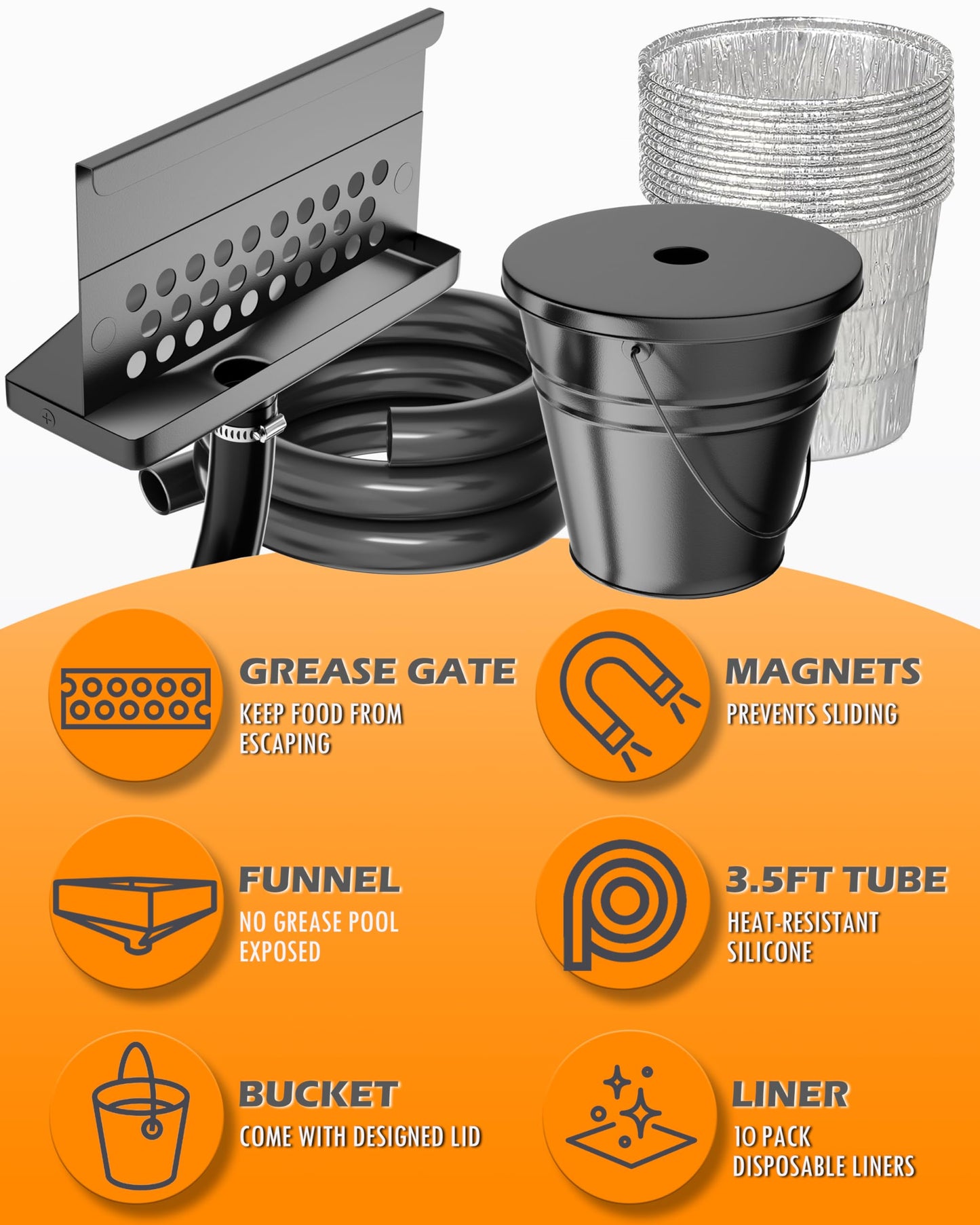 Rear Grease Catcher for Blackstone Griddle, Blackstone Grease Trap and Grease Drainage, 0.6 Gal Drip Bucket W/Lid, 10 Disposable Aluminum Liners, Black stone Griddle Accessories