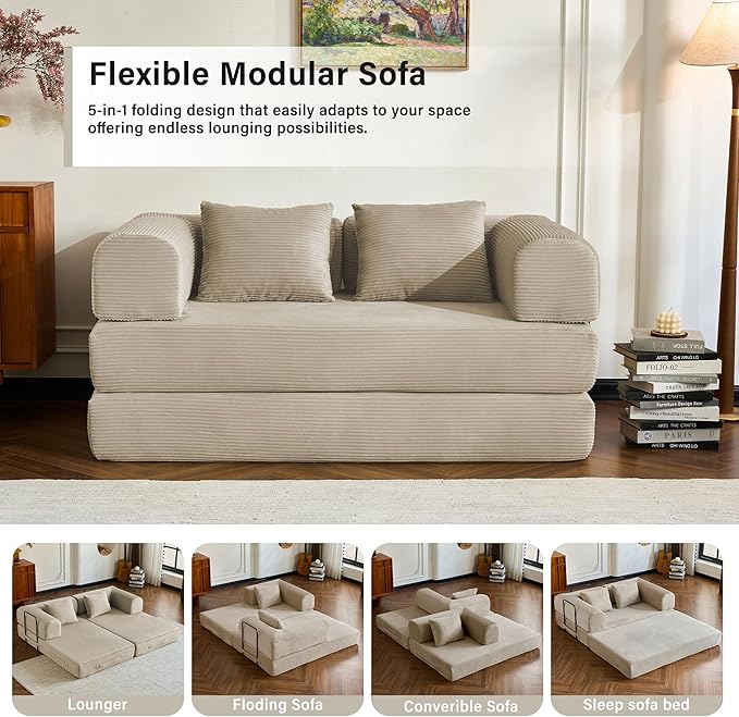 59" Folding Convertible Sofa Bed, 5-in-1 Small 2-Seater Sofa Corduroy Futon Floor Couch with Pull-Out Sleeper, Boneless Loveseat for Small Spaces, Home Office, Bedroom, Apartment-Friendly (Beige1)