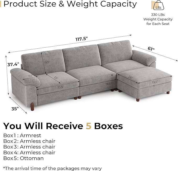 SITJOY 118" Oversized Sectional Couches for Living Room, Extra Large Deep Seat Modular Sofa with Washable Covers, 3 Seater L Shaped Couch with Chaise, Storage Ottoman, Chenille in Light Gray