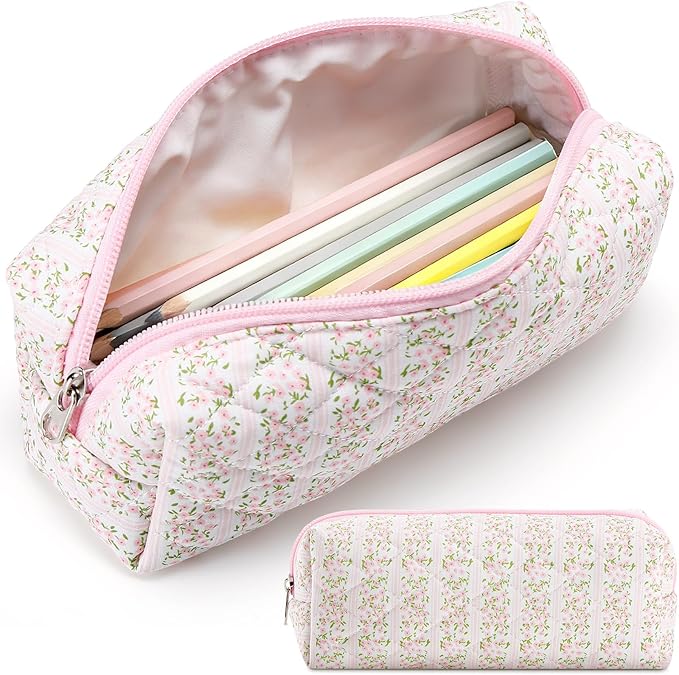 Paterr Aesthetic Floral Makeup Bag Travel Cosmetic Bag for Women Gift Christmas Portable Quilted Makeup Pouch Cotton Pencil Case Kawaii Cute Toiletry Organizer Case for Women Girls(Pink Floral)