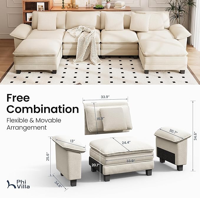 PHI VILLA Cloud Modular Couch Sets, 157.5" Sectional Sofa with U-Shaped Chaise, 6-Seater Couches with Movable Ottomans for Living Room, Chenille Fabric, Beige
