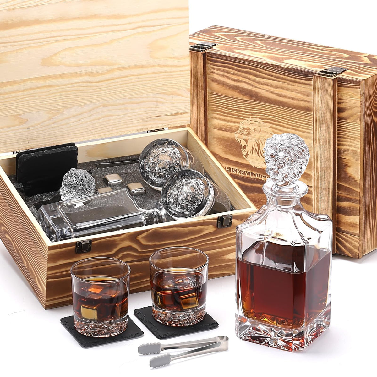 LUSKEYCOR Whiskey Decanter Set with Wooden Box Artistic 25.4 oz Decanter + 2x10 oz Glasses | 304 Stainless Steel Whiskey Stones, Slate Coasters, Tongs & Pouch | Gift for Men, Husband, Dad, Weddings