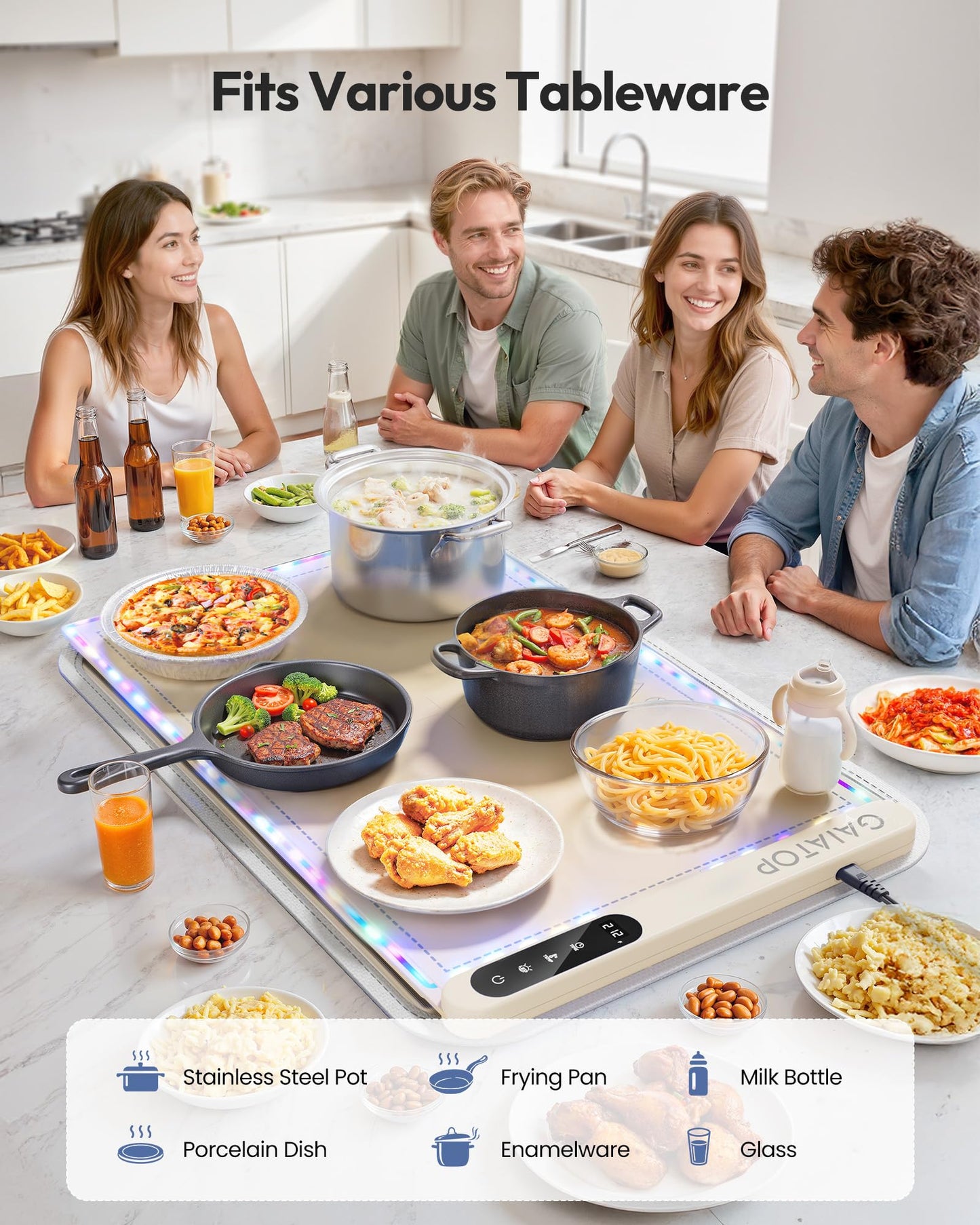 Gaiatop Warming Mat for Food with Trivet & Light, Plateful Food Warming Mats for Countertop, 6 Temp Level, 6 Timer Settings, Full-Surface Fast Heating, Portable Silicone Food Warmer for Parties Buffet