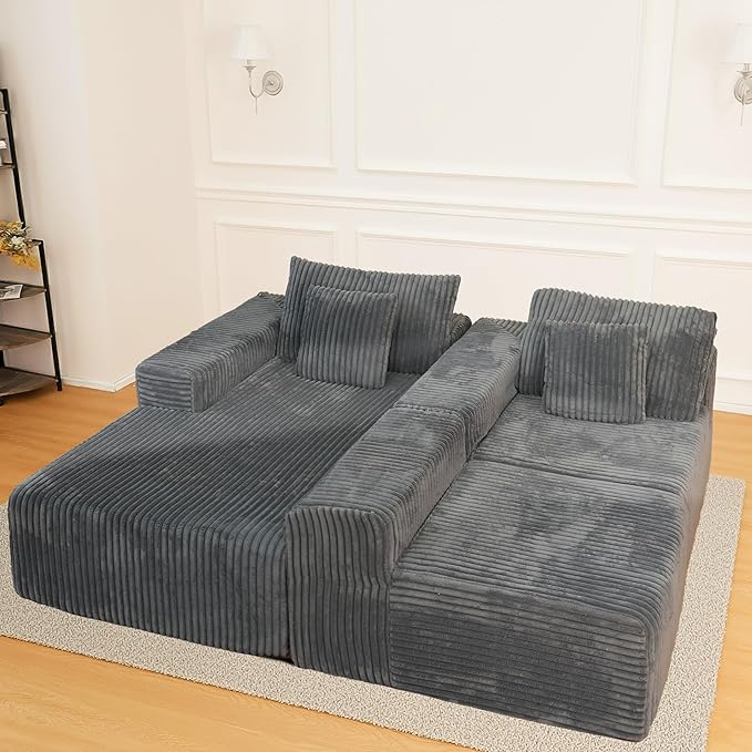 SEENYOO 112.99" Boneless Cloud Couch, L Shaped Sectional Sofa with Chaise, No Assembly Required, Sink-in Corduroy Fabric & Memory Foam, Plush Modular Sofa for Apartment, Lounge, Dorm (Grey)
