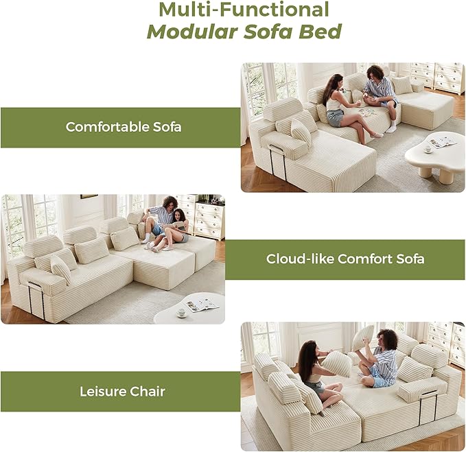 141" U-Shaped Cloud Modular Sectional Sofa with Chaise & Headrest, Boneless Deep Seat Plush Corduroy Couches for Large Living Room, No Assembly Required (White, 141" U-shapred Chaise)