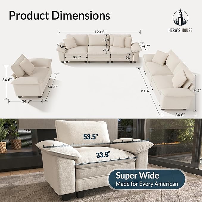 HERA'S HOUSE 3 Pieces Modular Sectional Sofa Sets, Oversized Couch Set with Loveseats and Armchair, Comfy Cloud Couches with Throw Pillows, 6-Seater Deep Seat Sofa for Living Room, Chenille Beige