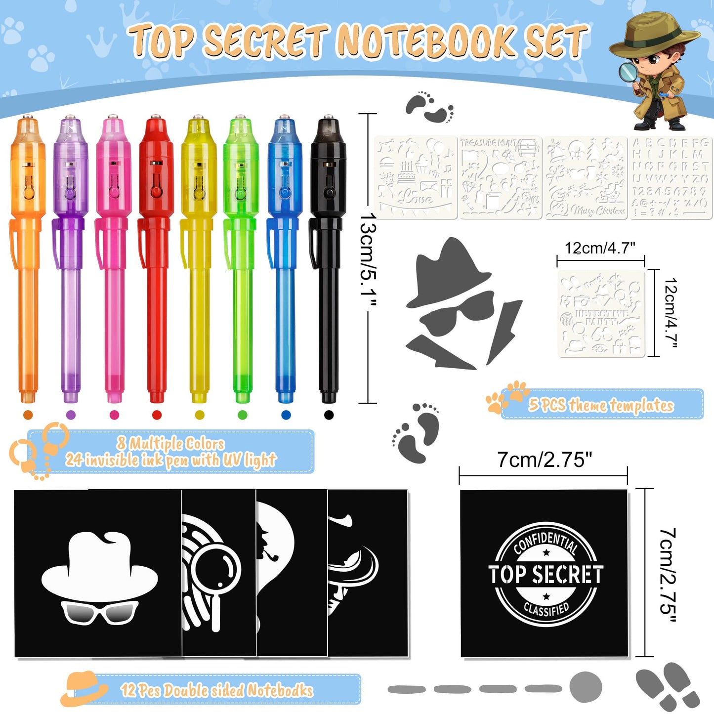 inkipen Invisible Ink Pen 24Pcs+ Notebooks, Spy Pens with UV Light, Magic Marker, Classroom Prize, Birthday Party Favors for Kids 8-12, Kids Stocking Stuffers