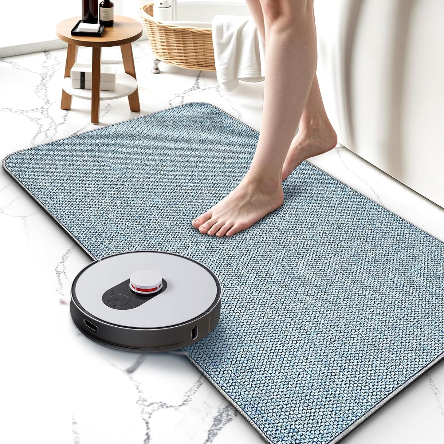 Upgraded Bathroom Rugs 17x27Inch, Thin Bath Mat with Rubber Backing Non-Slip, Absorbent,Quick Dry Machine Washable, Home Decor Accessories Cozy Cloth Bathroom Mat fit Under Door/Sink/Tub/Shower-Blue
