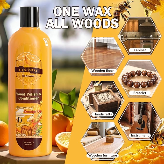 Beeswax Wood Polish & Conditioner, Natural Beeswax Orange Oil Conditioner Cleaner for Wood Furniture, Floors, Restores Shine & Waterproofs, 16 Fl Oz