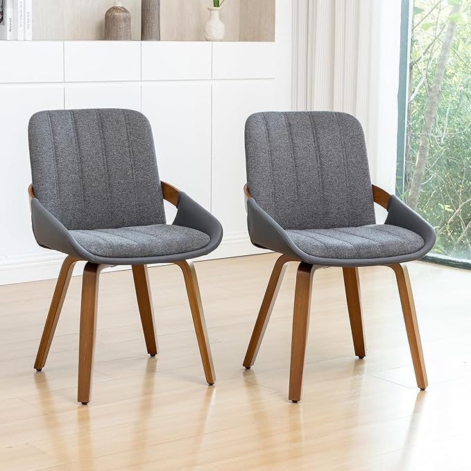 YOUUGIOR Dining Room Chairs Set of 2, Mid Century Modern Gray Fabric+Faux Leather Kitchen Chairs Armless,Bamboo Legs Side Chairs No Wheels,Accent Chair for Dining Rooms