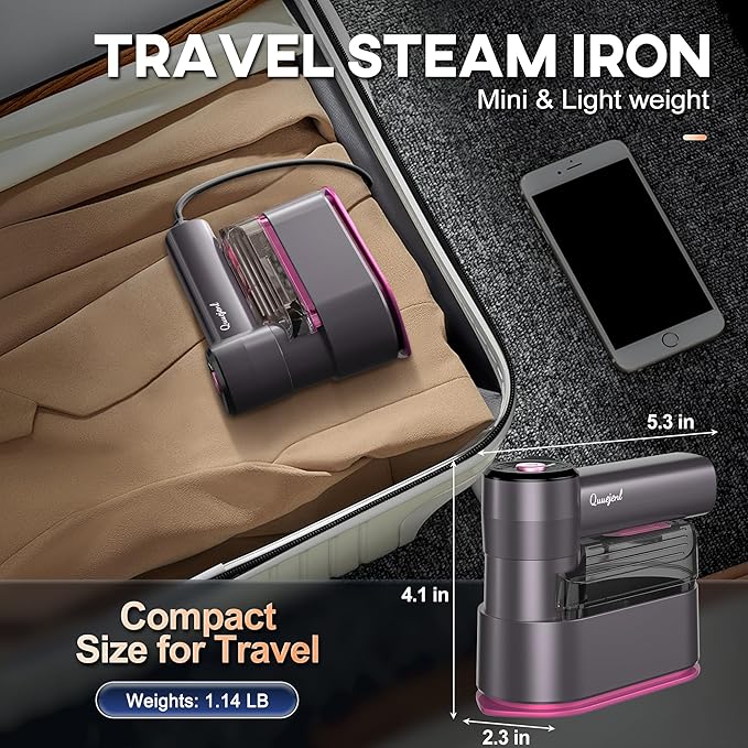Travel Steamer - Portable Steamer for Clothes, 8FT Power Cord, Handheld Small Size Steam Iron Collapsible Design, Travel College Dorm Home Essentials (Purple)