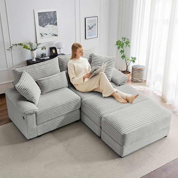 SUNWAVE 74" W Double Chaise Lounge Chair Indoor, Oversized Loveseat with Storage Ottoman, Corduroy Couch with USB Charging, Removable Ottoman, and Coffee Table Cushions for Living Room, Apartment