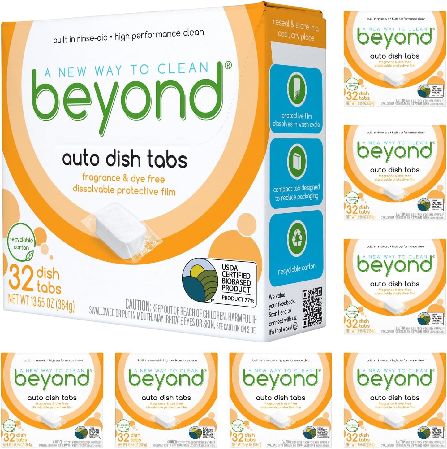 Beyond Natural Dishwasher Tablets [8 Boxs of 32] - Fragrance & Dye Free - Certified Biobased. Powerful. Plant-Based Ingredients