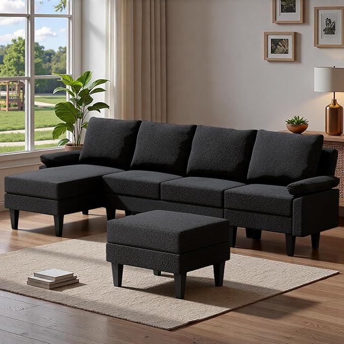 Topcomfy U-Shaped Sectional Couches for Living Room, Convertible 4 Seat Modular Sectional Sofa Set with Ottoman, Modern L Shaped Couch with Chaise for Bedroom Apartment and Office, Chenille Black Gray