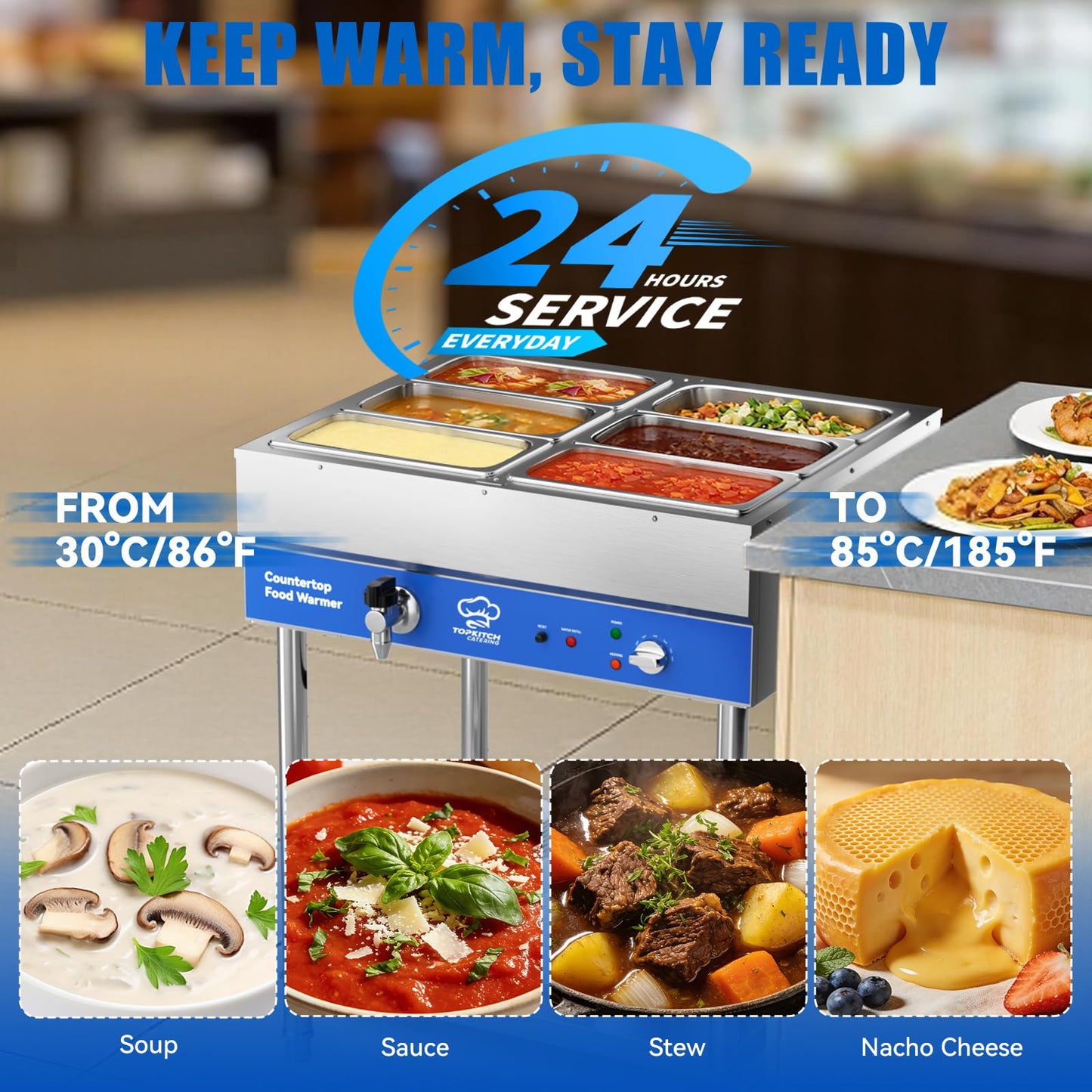 TOPKITCH 6-Pan Commercial Food Warmer, Electric Steam Table, 120V 1700W Stainless Steel Buffet Catering Food Warmer with Undershelf and Workspace, for Restaurant.