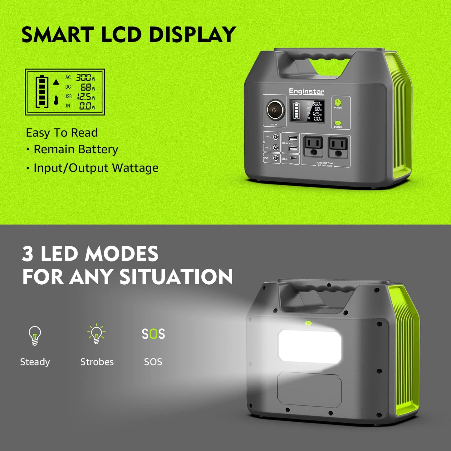 EnginStar Portable Power Station, 300W 296Wh Battery Bank with 110V Pure Sine Wave, 60W Foldable Solar Panel with 18V DC Outlet for Portable Power Stations