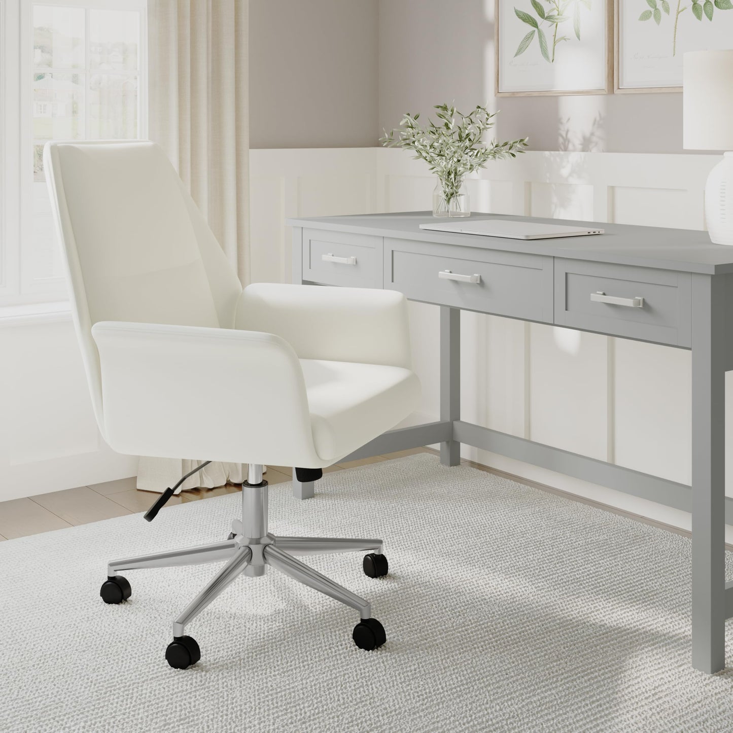 Martha Stewart Maxine Swivel Task Chair with Flared Armrests for Home Office in White Faux Leather with Polished Nickel Frame