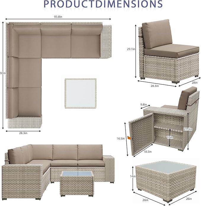 Broivira 6 Piece Patio Furniture Set, 9.8" Wide Arm Sectional Sofa with Storage Armrests, All-Weather Rattan Outdoor Conversation Set for Garden, Porch, Lawn, Backyard, Balcony, Khaki