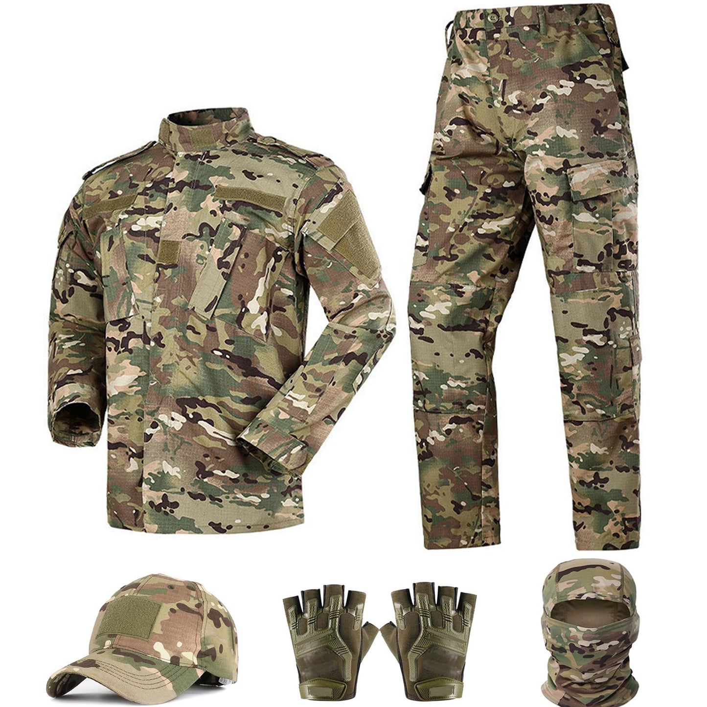 SANYETS Combat Uniform,Tactical Jacket and BDU Pants,Cap Gloves Balaclava Set,Camo Suits Paintball Clothing for Men