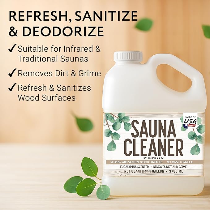 IMPRESA 1gallon Sauna Cleaning Spray – All Purpose Eucalyptus Wood Cleaner Spray for Home Sauna, Spa, Steam Room & Gym – Natural Multipurpose Surface Cleaner Bottle – Gentle Ingredients