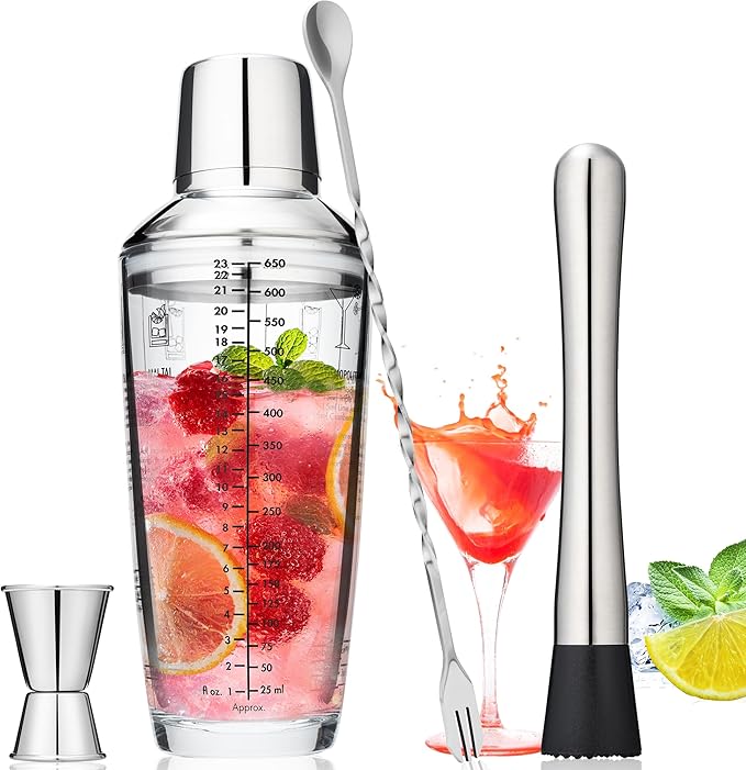 Tiawudi 23oz Glass Cocktail Shaker Set, 4PCS Bartender Kit, Martini Mixer Shaker with Built-in Strainer, Measuring Jigger,...