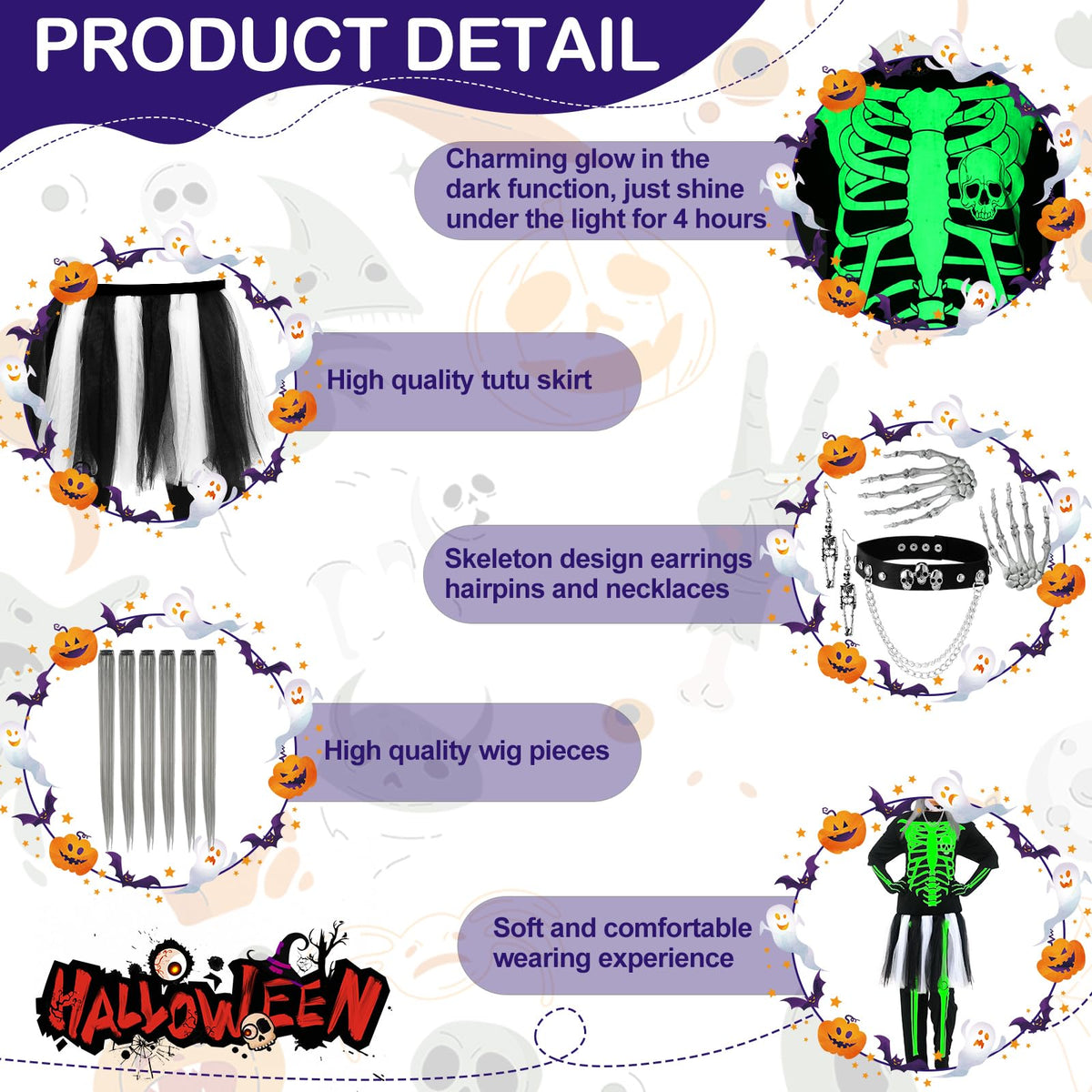 Maiteenly 13 Pcs Halloween Glow in The Dark Skeleton Costume for Women Set Adult Punk Bones Tutu Dress Hairpiece Necklace(3XL)