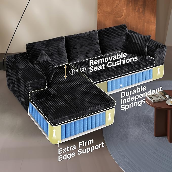 Extra Firm 108” Cloud Boneless Couches for Living Room,Modular Sectional Cloud Couch with Deep Seat, High-resilience Foam / Sag-resistant / Keeps its form, No Assembly Required (Left-Facing Chaise） | Quick Assembly, Extra Firm Support, Not easily colla...