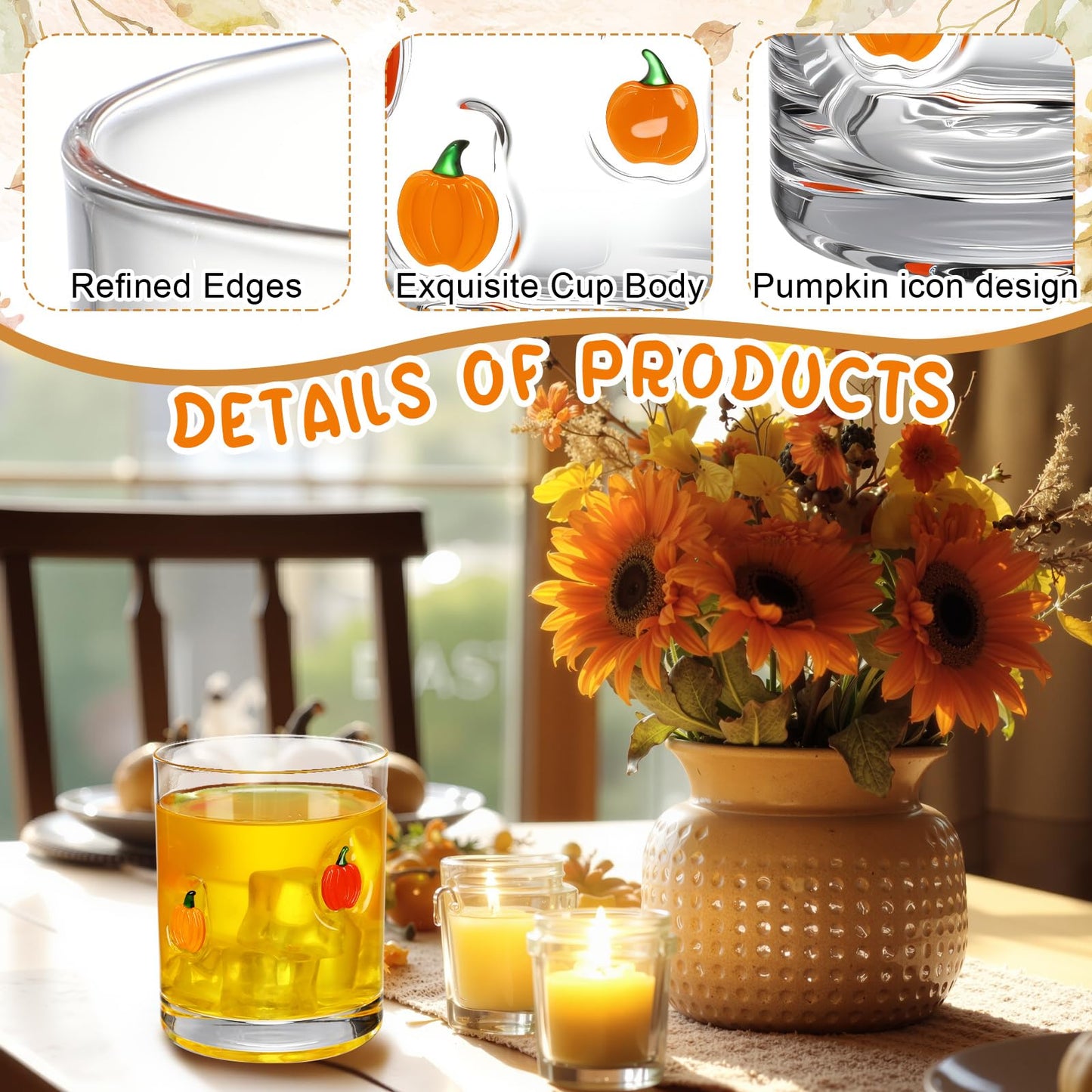 Skylety 2 Pcs Pumpkin Icon Juice Glasses Fall Thanksgiving Drinking Cups Old Fashioned Stemless Wine Glasses 13.5 oz Whiskey Cocktail Coffee Mugs for Halloween Party Harvest Gift Decor