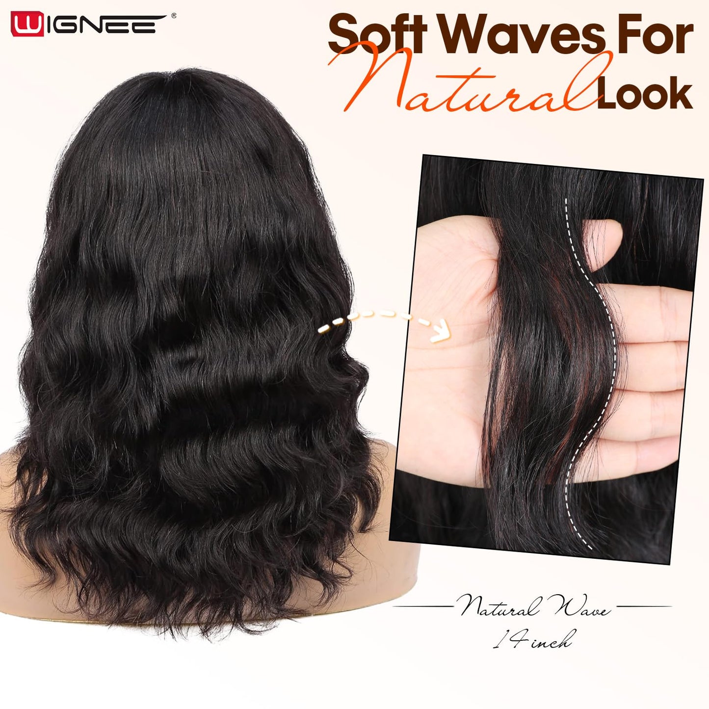 WIGNEE 100% Virgin Human Hair Natural Wave Wigs with Bangs Brazilian Human Hair Wave Wigs For Black Women Natural Black Color (1