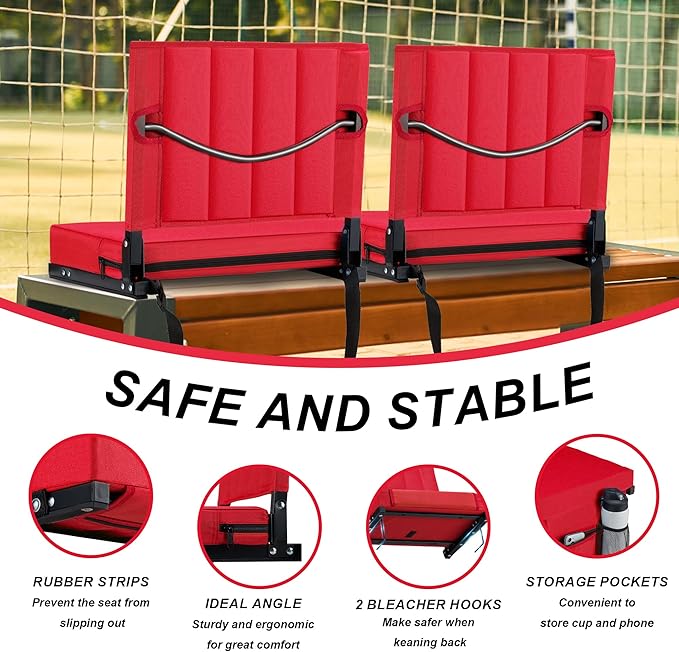 Aliphon Stadium Seat for Bleachers with Back Support and Cushion, Bleacher Seats with Shoulder Strap and Cup Holder, Padded Portable Folding Comfort Stadium Chair, for Sports Events, Red (1pcs)