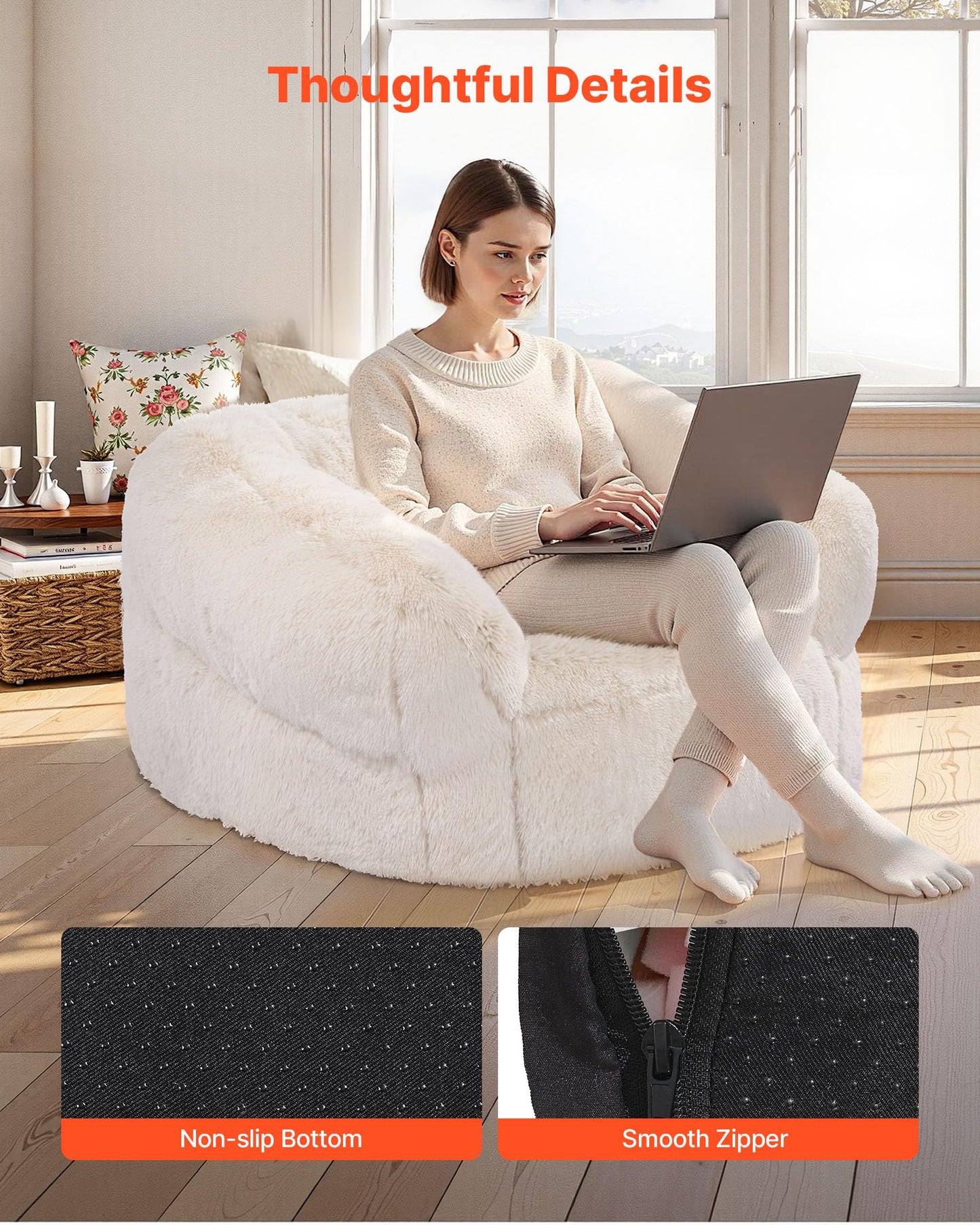 VEVOR Bean Bag Chair, BeanBag Sofa Chair with Armrests for Adults, Fluffy Plush & High-Density Foam Filling Adult Bean Bag with Zapper, Comfy Lazy Sofa Chair Ideal for Living Room, Bedroom, Beige