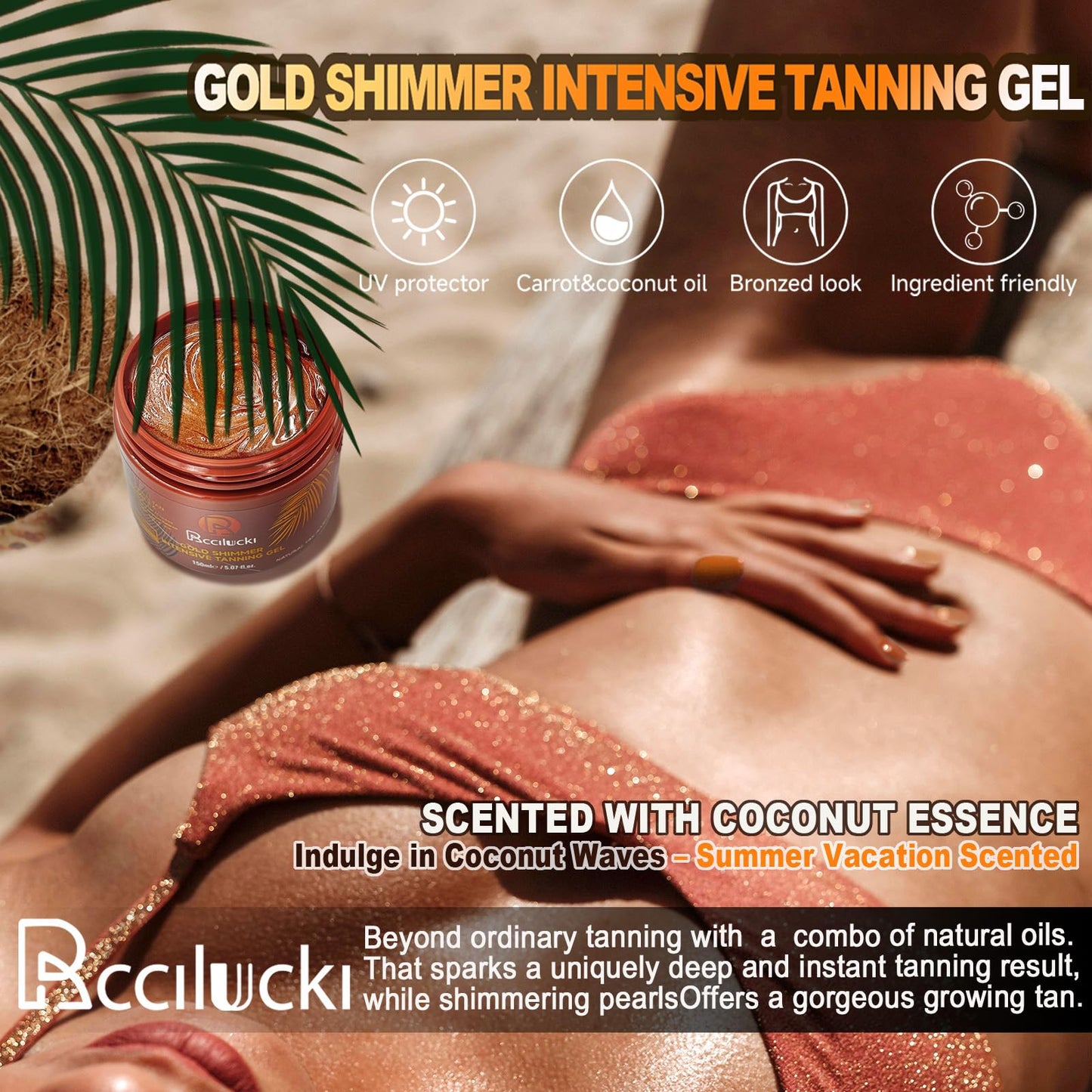 Golden Shimmer Tanning Gel-Browning Tan Accelerator-Hydrating Bronze Enhancer with Carrot & Coconut | Tanning Cream for Sun/Tann