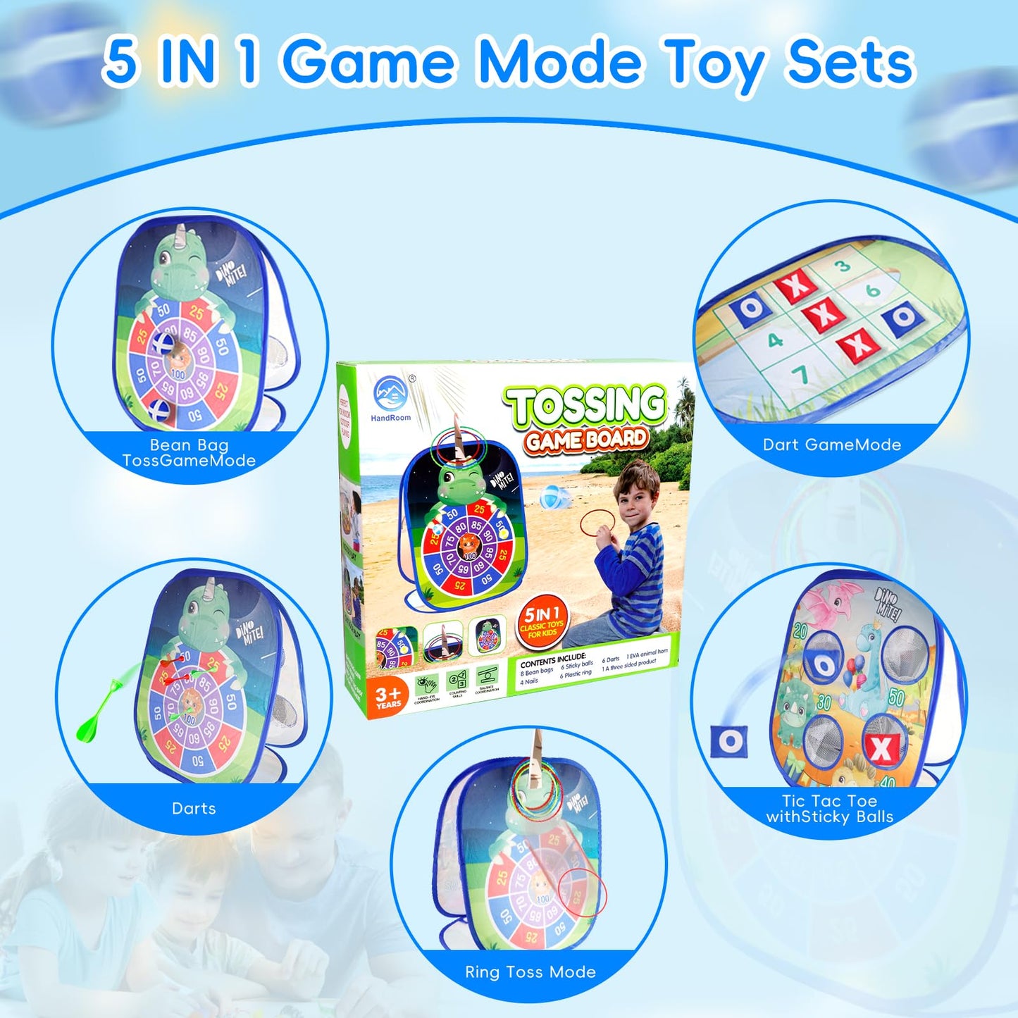 Bean Bag Toss Game for Kids - 5IN1 Kid Cornhole Toys Set, Over 3 Years Toddlers Children Outdoor/Indoor/Backyard Throwing Toy to Boys Girls Birthday/Family Party/Christmas/Easter Gift, Dinosaur
