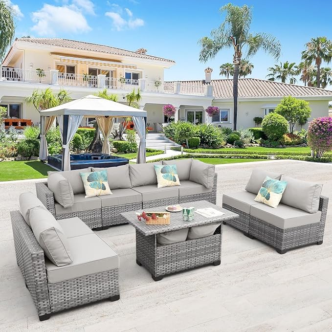 Rattaner 9-Piece Outdoor Sectional Wicker Furniture Set Patio Furniture Conversation Couch Set Large-Size Storage Table with Thicken(5") Anti-Slip Light Grey Cushions Cover