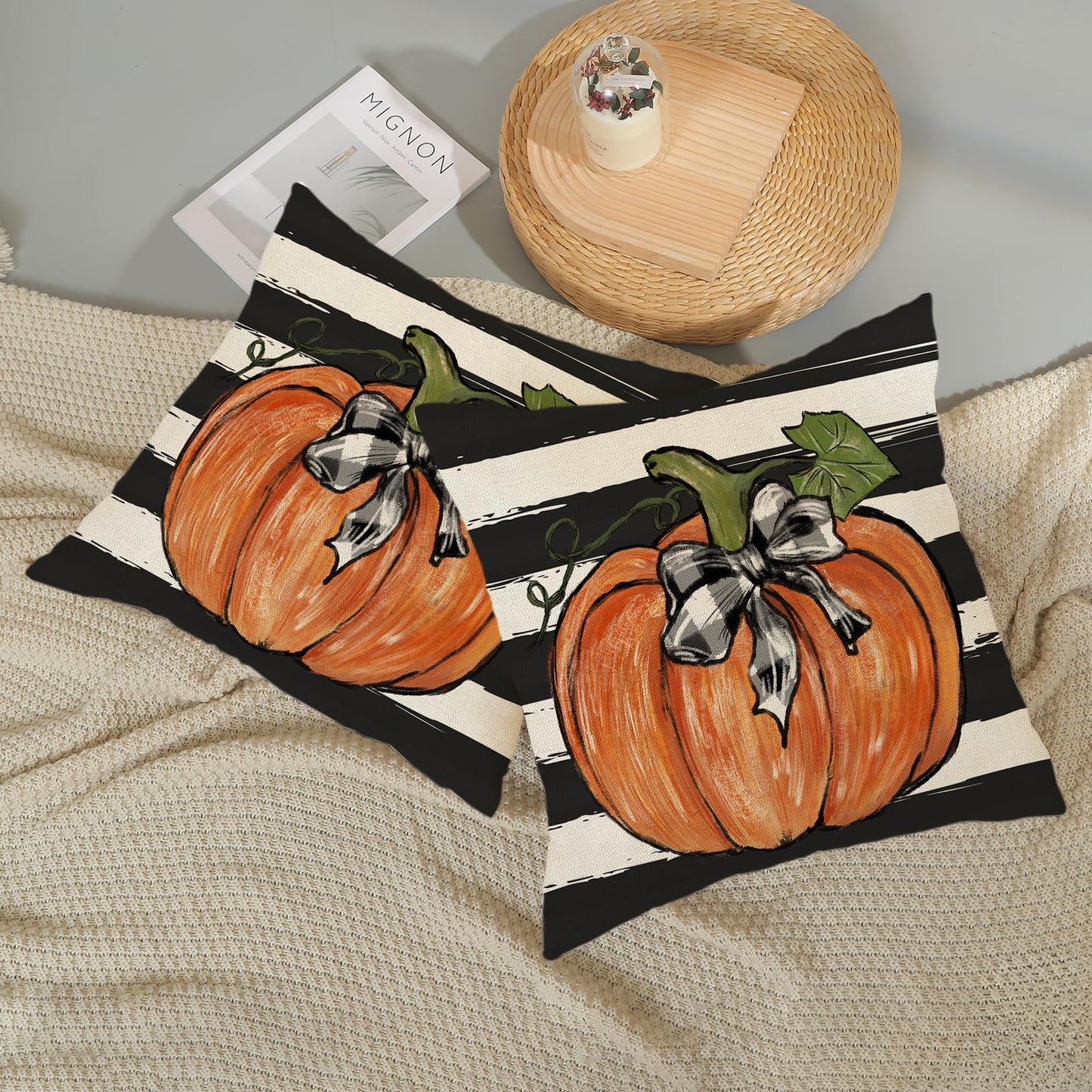 Gohdiwh Fall Pillow Covers 18x18 Set of 2 Pumpkin Maple Leaves and Stripes Fall Decor Pillowcase Linen Autumn Thanksgiving Decorative Outdoor Throw Pillow Covers Farmhouse Cushion Case for Couch Home