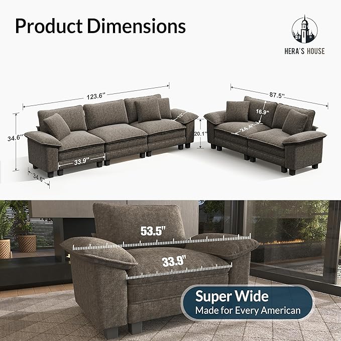 HERA'S HOUSE 2 Pieces Modular Sectional Sofa Sets, Oversized Couch Set with Loveseats, Comfy Cloud Couches with Throw Pillows, 5-Seater Deep Seat Sofa for Living Room, Chenille Ash