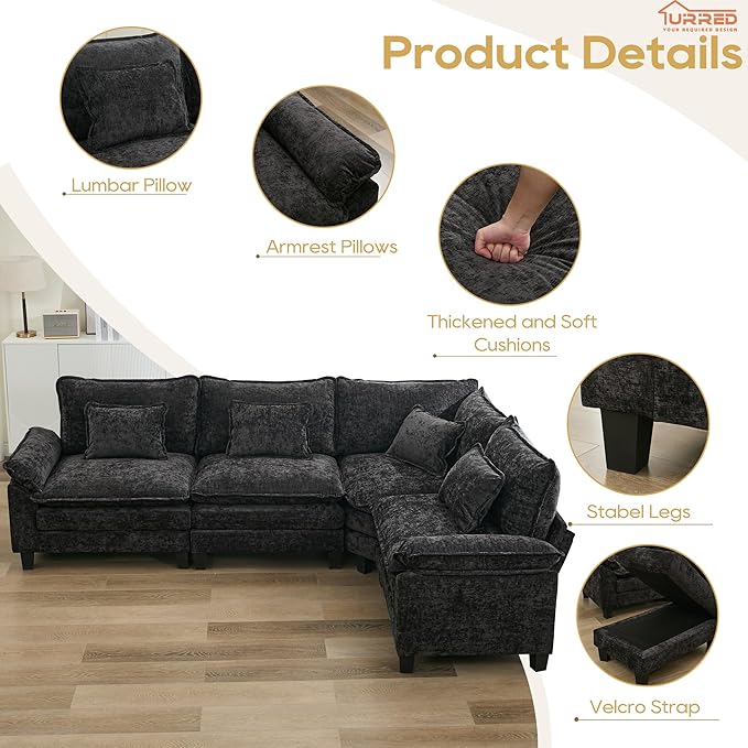 URRED Cloud Couch Modular Sectional Sofa, 116" Modern L Shaped Deep Seat Sofa with Pillows, Ultra Comfy Chenille Corner Couches for Living Room, Bedroom or Apartment, Black