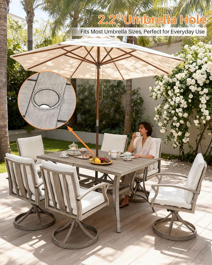 SEEHILL Patio Dining Table for 6, All Weather Outdoor Dining Table with Umbrella Hole, 59.8" x 35.8" Rectangle Patio Table, 6 Person Aluminum Outdoor Patio Table for Deck, Garden Poolside, Limed Oak