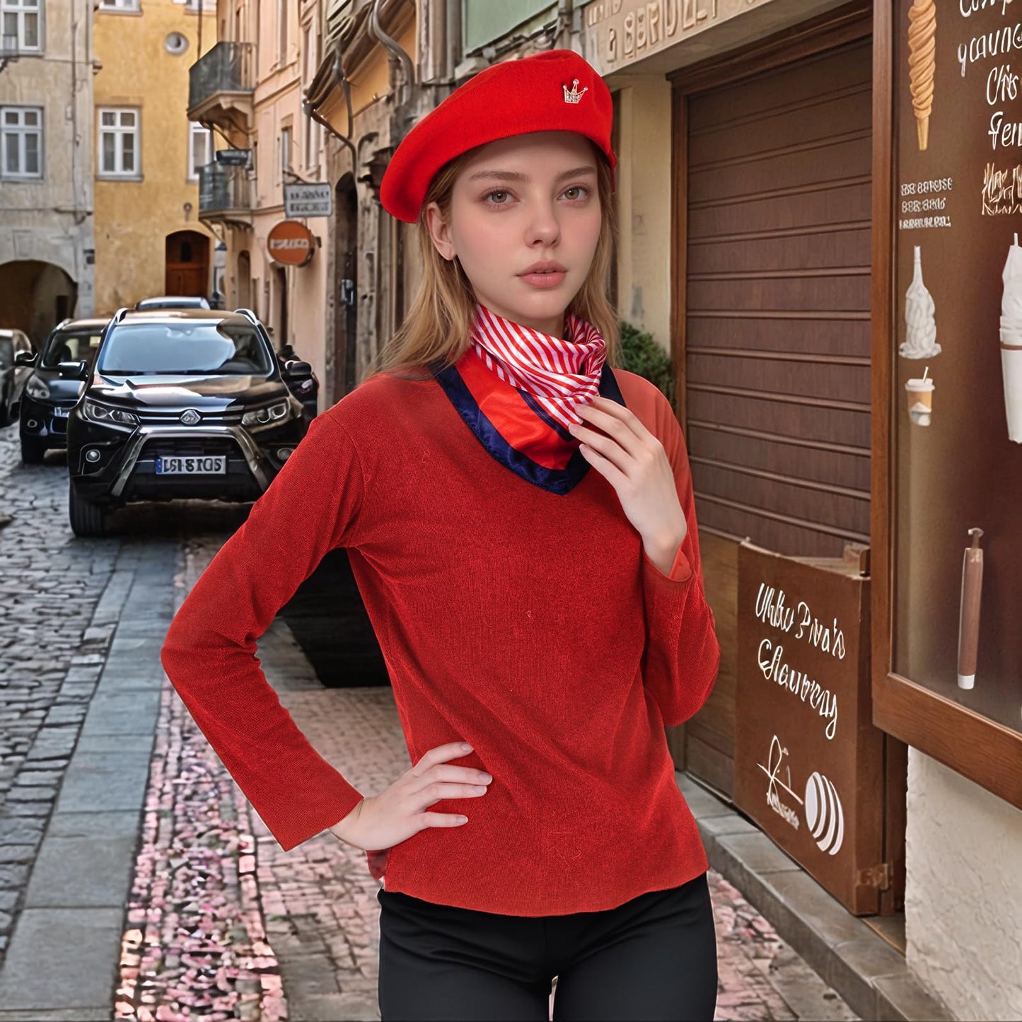 choyaxo 3pcs French Beret Hat Set Costume Accessories Set Including Beret Hat Scarf Crown Pin for Women French Themed Party Red