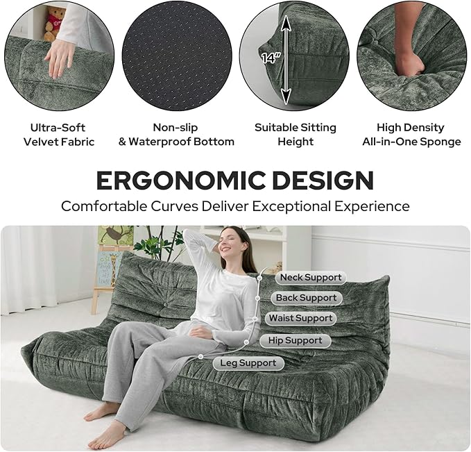 HABUTWAY Bean Bag Chair, Giant Bean Bag Chairs for Adults, 3 Seater Fireside Chair, Lazy Large Floor Bean Bag Sofa for Living Room, Bedroom, Dorm, Office (Green)