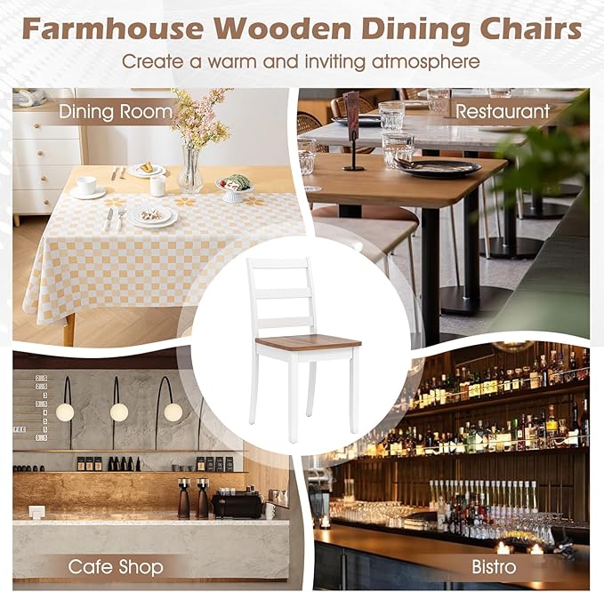 Giantex Dining Chairs, Wooden Armless Kitchen Chairs with Solid Rubber Wood Legs, Farmhouse Ladder Back Dining Chairs for Dining Room (4, White+Brown)
